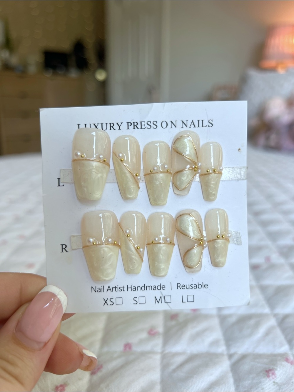 Handmade Champagne Gold Press On Nails 3D Floral Luxury Acrylic Nail Set